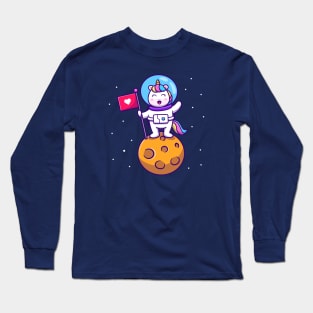 Cute Unicorn Astronaut Holding Flag On Planet Long Sleeve T-Shirt